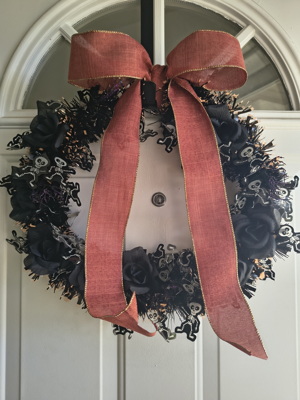 Halloween Black Rose Wreath with Orange Ribbon